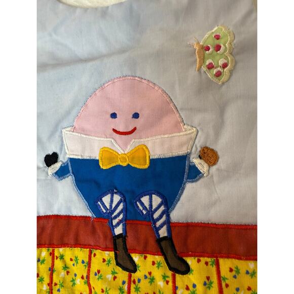 VTG 80s Hand Crafted Nursery Rhyme Humpty Dumpty Quilted Fabric Blue Baby Bib - Picture 2 of 12